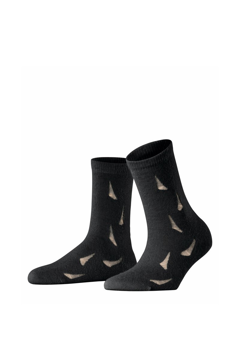 Schwarze Socken aus einem strukturierten Stoff, die mit einem wiederholten, hellbeigen dreieckigen Muster versehen sind. Knöchelhohes Design, gerippter Saum.
