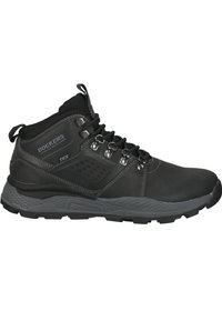 Black mid-cut hiking boot with textured synthetic upper, reinforced eyelets, a cushioned collar, and a rugged rubber sole for traction.
