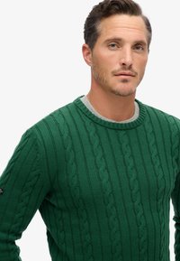Zielony sweter z splotem w warkocze o klasycznym okrągłym dekolcie. Posiada fakturowane, pionowe wzory i kontrastowy szary wewnętrzny kołnierz. Miękka tkanina.