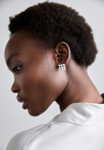 Ασημένια σκουλαρίκια με σχέδιο συστάδας που διαθέτουν διάφανες πέτρες, φορεμένα σε αυτί με ουδέτερο φόντο, τονίζοντας τη λάμψη τους.
