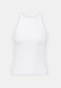 Bílý žebrovaný top bez rukávů s vysokým výstřihem, se přiléhavým střihem a mírným elastickým materiálem pro pohodlí.