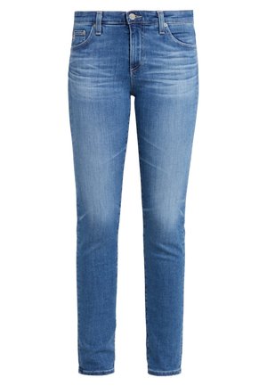 Slim-fit siniset farkut, joissa on etu- ja takataskut, napillinen suljenta ja hillityt haalistumat reisien ja polvien kohdalla.
