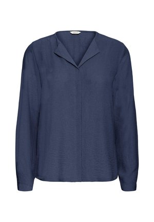 Bluză bleu marin cu mânecă lungă din material ușor, cu guler tăiat și un finisaj texturat subtil. Croi drept.