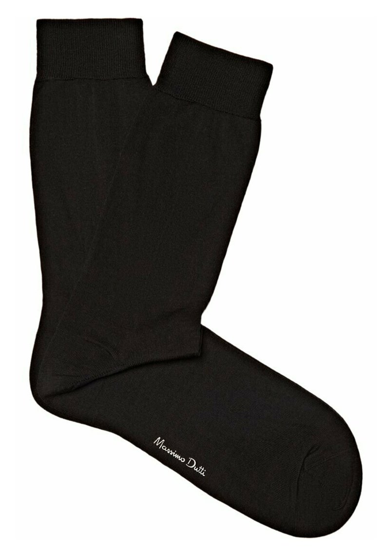 Black cotton socks with ribbed cuffs, featuring a smooth texture and a label "Massimo Dutti" embroidered in white near the toe area.