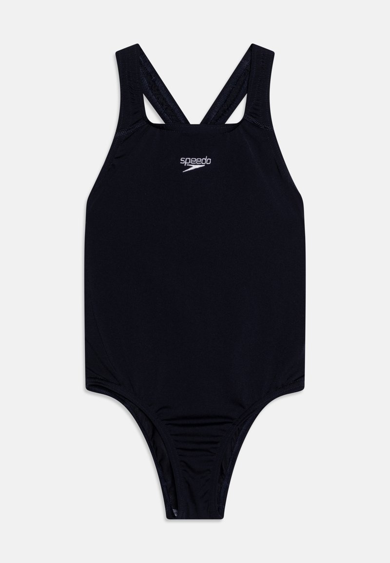 Črna enodelna kopalka z visokim ovratnikom, križanimi naramnicami in nabranimi stranskimi šivi; ima majhen bel Speedo logotip na prsih.