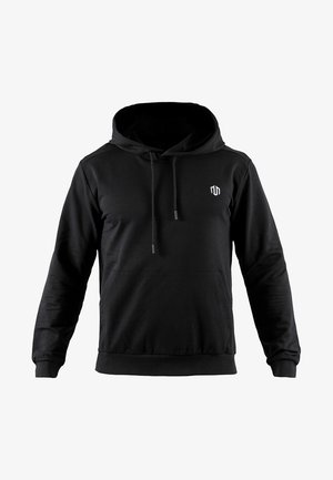 Fekete kapucnis pulóver pamut keverék anyagból. Elöl egy kenguruzsebbe, húzózsinóros kapucnival és egy kicsi logóval a mellkason rendelkezik.