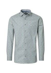 Long-sleeve shirt with a button-down collar, featuring a blue and green checkered pattern on a light background. Soft fabric and structured fit.