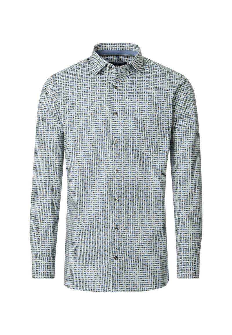 Long-sleeve shirt with a button-down collar, featuring a blue and green checkered pattern on a light background. Soft fabric and structured fit.