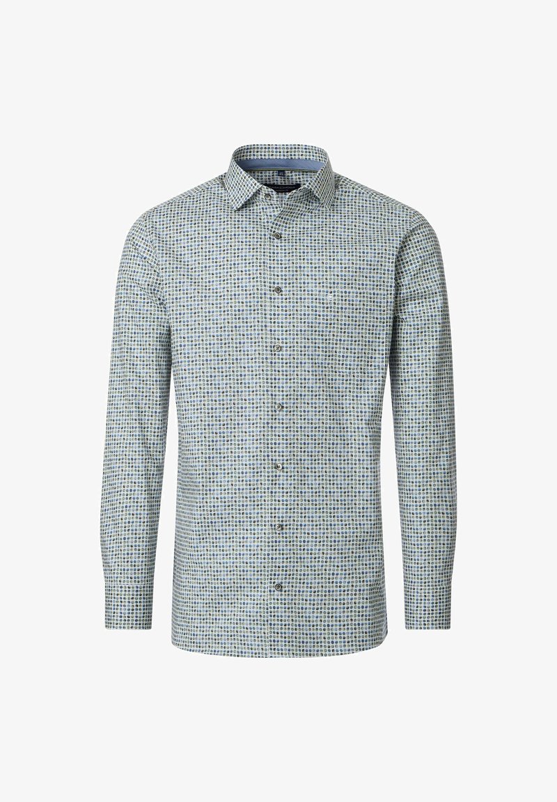Long-sleeve shirt with a button-down collar, featuring a blue and green checkered pattern on a light background. Soft fabric and structured fit.