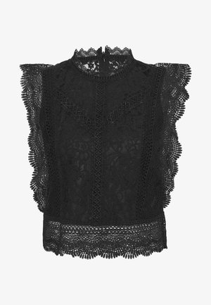 Černý krajkový top s propracovanými květinovými vzory, zvlněnými rukávy a vysokým výstřihem se zipovým uzávěrem na zadní straně.