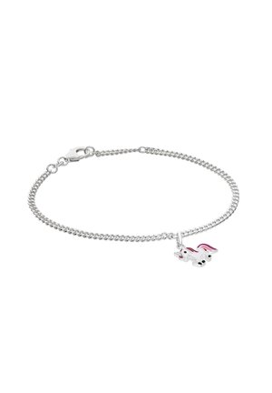 Silver chain bracelet with a small unicorn charm featuring pink mane and tail, and black details on hooves and eyes.