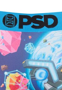 Blå midjeband med svart "PSD"-logga över en färgglad rymdrelaterad design som innehåller planeter, kristaller och en futuristisk robotarm.
