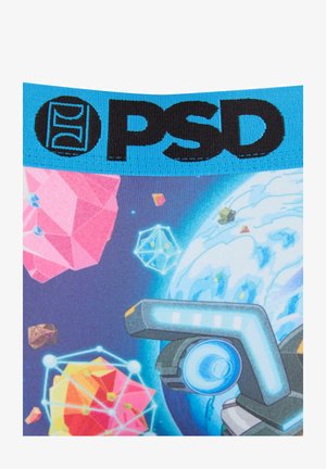 Cinturilla azul con el logo negro "PSD" sobre un diseño colorido con temática espacial que presenta planetas, cristales y un brazo robótico futurista.