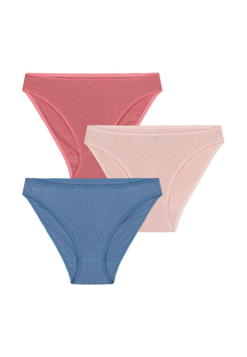 Tre paia di mutande da donna in rosa, rosa chiaro e blu. Presentano un tessuto morbido e traspirante con una trama a contrasto.