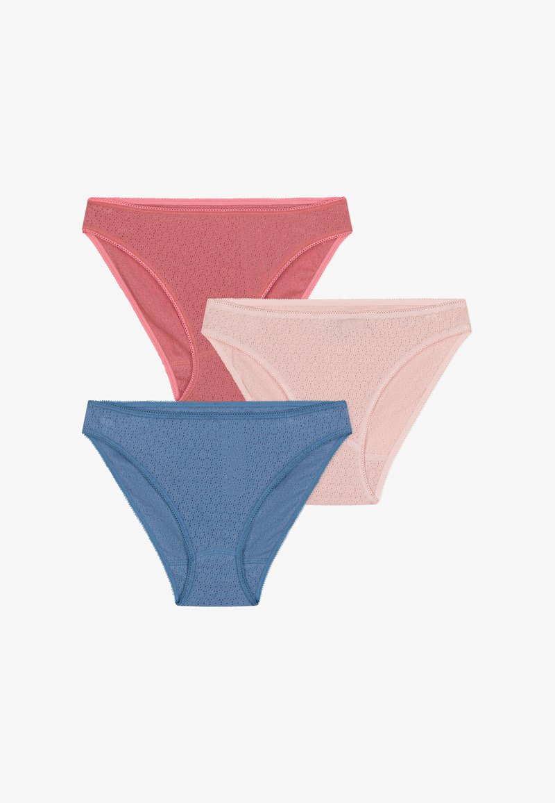 Tre paia di mutande da donna in rosa, rosa chiaro e blu. Presentano un tessuto morbido e traspirante con una trama a contrasto.