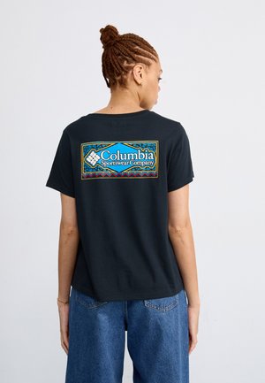 T-shirt noir avec un logo coloré de la Columbia Sportswear Company dans le dos. Manches courtes, coupe décontractée, en coton doux.