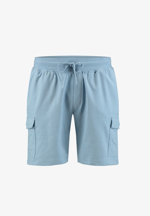 Jasnoniebieskie spodenki cargo z miękkiej tkaniny. Posiadają elastyczny pas z sznurkiem oraz dwie boczne kieszenie z klapkami.