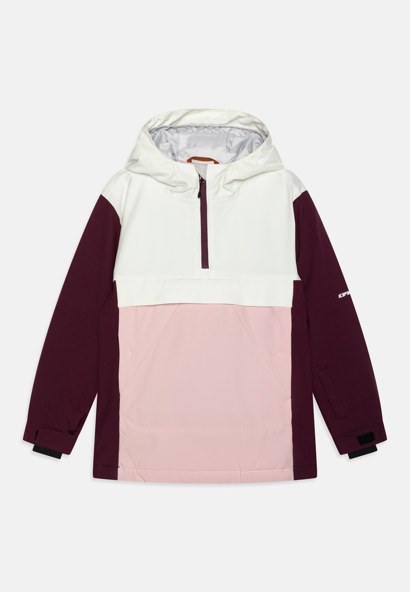 Αδιάβροχο τζάκετ με κουκούλα, μισό φερμουάρ μπροστά, σε πάνελ λευκού, μπορντό και ανοιχτού ροζ χρώματος. Υφασμάτινη υφή με ρυθμιζόμενους καρπούς.