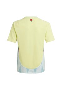 Short-sleeve yellow sports shirt featuring a floral emblem on the back, with a light blue gradient pattern at the sides.