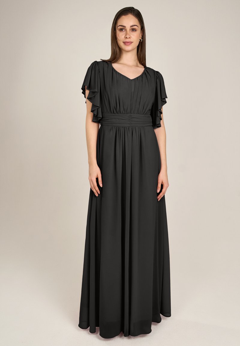 Schwarzes, bodenlanges Kleid mit kurzen, gerafften Ärmeln, einem V-Ausschnitt und einer taillierten Taille. Hergestellt aus glattem Stoff mit einem fließenden Design.