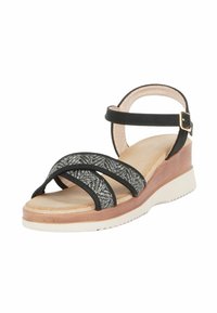 Sandalo wedge nero con tre cinghie, caratterizzato da un motivo grigio texturizzato, zeppa beige e un tacco che sembra di legno con una suola bianca.
