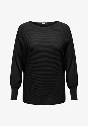 Black pullover sweater with ribbed texture, wide neckline, and long, slightly puffed sleeves. Made from soft, stretchy fabric.