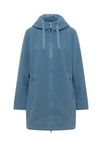 Veste en polaire bleue avec capuche, fermeture éclair intégrale et cordons de serrage réglables. Dotée de deux poches latérales et d'un matériau texturé et doux.