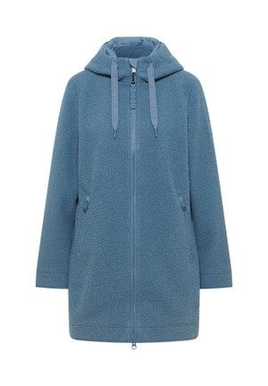 Blue fleece jacket with a hood, full zip, and adjustable drawstrings. Features two side pockets and a textured, soft material.