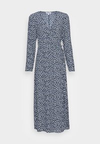 Vestido azul marinho com mangas longas, design em envelope, apresentando um padrão floral branco, e uma saia fluida que chega até a altura da metade da panturrilha.