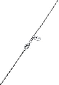 Metallkette-Armband in Silberton; gedrehte Gestaltung mit einem Karabinerverschluss und einem kleinen rechteckigen Anhänger mit Sternenmotiv.