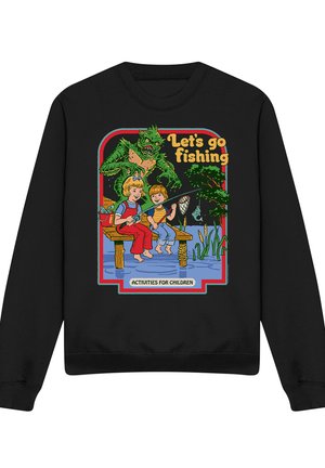 Two children fishing on a dock with a fish bucket, a net, and a green monster behind them; text reads "Let's go fishing" and "Activities for children."