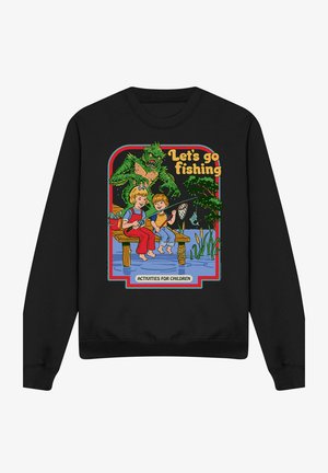 Two children fishing on a dock with a fish bucket, a net, and a green monster behind them; text reads "Let's go fishing" and "Activities for children."