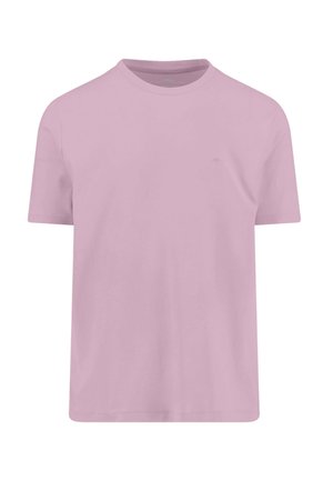 Hellrosa T-Shirt mit kurzen Ärmeln und Rundhalsausschnitt, mit einem kleinen, dezenten Logo auf der linken Brust, dargestellt auf einem schlichten weißen Hintergrund.