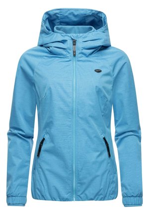Veste zippée bleu clair avec capuche, présentant une finition texturée, deux poches latérales avec fermetures éclair noires, et des poignets élastiques.
