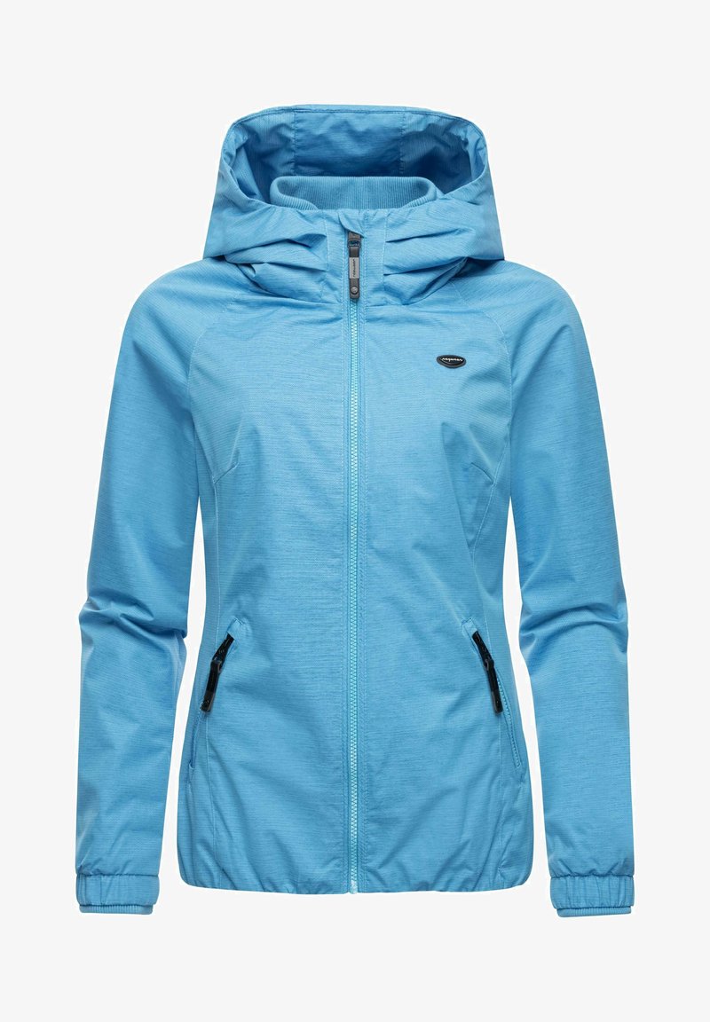 Šviesiai mėlynas užtrauktukas su gobtuvu, su tekstūruota apdaila, dviem šoniniais kišenėmis su juodais užtrauktukais ir elastiniais rankovėmis.