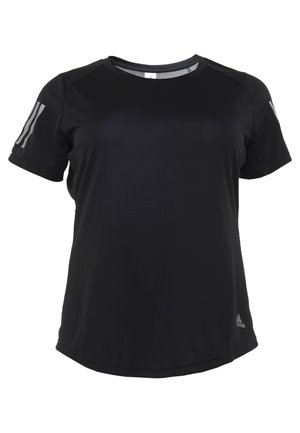 Czarna sportowa koszulka Adidas z krótkimi rękawami, okrągłym dekoltem i trzema szarymi paskami na rękawach, z logo Adidas na dolnej prawej stronie.