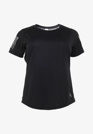Zwart Adidas sportshirt met korte mouwen en een ronde hals, met drie grijze strepen op de mouwen en het Adidas-logo rechtsonder.