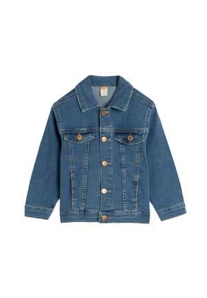 Denimjakke i mellemblå med klassisk krave, knaplukning foran, to brystlommer og kontrastsying.
