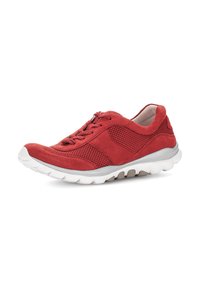 Red suede and mesh athletic shoe with a low profile, round toe, lace-up front, and white midsole featuring a textured grip pattern.