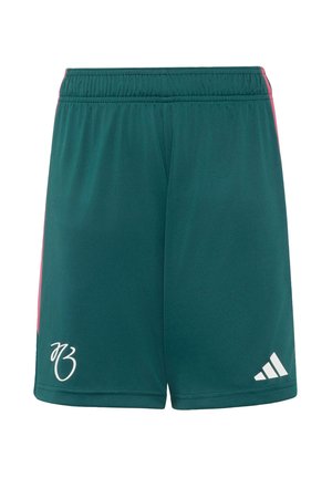 Pantalones cortos deportivos verdes con rayas laterales rosas, cintura elástica, firma blanca en la pierna izquierda y logo blanco de Adidas en la pierna derecha.