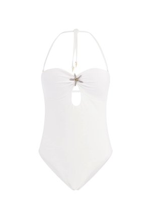Balts viengabala peldkostīms ar sirdī līdzīgu augšdaļu, kakla siksnām, izgriezuma detaļu un sudraba jūraszvaigžņu akcentu centrā.