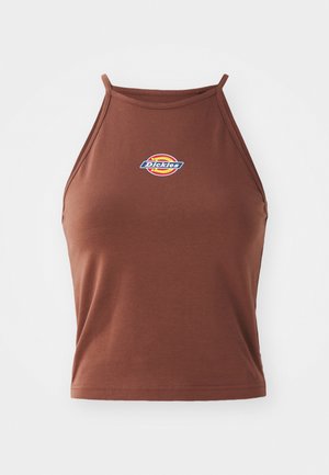 Pruun ilma varrukateta crop top, mis on valmistatud venivast kangast, esiküljel on värvikas "Dickies" logo ja õhukesed rihmad.
