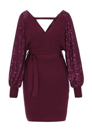 Bordeaux sweaterdress met een wikkeldesign, lange sequined ballonmouwen en een strik taille. Heeft een diepe V-halslijn en een gestructureerde stof.