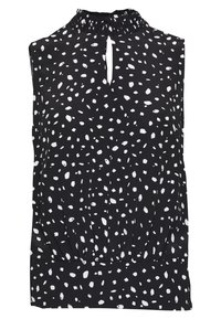 Ärmös svart topp med vitt prickigt mönster, rynkad halsringning och nyckelhålsdetalj fram. Mjuk tyg med lätt elastisk känsla.