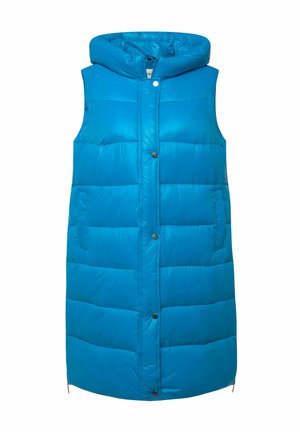 Gilet en nylon bleu avec un design rembourré, capuche et fermetures à boutons-pression. Équipé de poches latérales et d'un ourlet droit avec un léger évent.