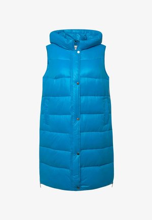 Blue puffer vest with padded design, hood, and snap-button closures. Features side pockets and a straight hem with slight venting.