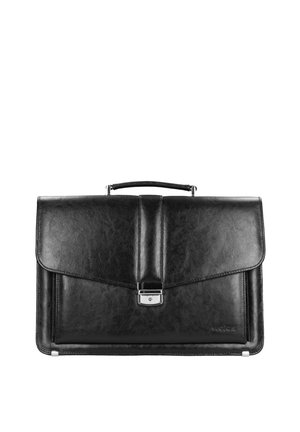 Valigetta in pelle nera con manico superiore e chiusura a scatto color argento, mostrata chiusa su sfondo bianco.