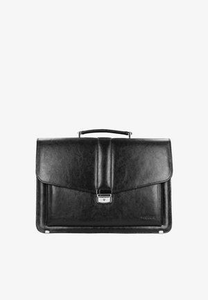 Mallette en cuir noir avec poignée supérieure et verrou à loquet argenté, présentée fermée sur fond blanc.