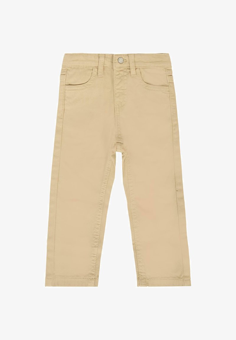Pantalons en coton beige avec une coupe droite, présentant deux poches avant, une fermeture à bouton et des détails de couture visibles.