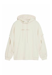 Light beige oversized hoodie with a kangaroo pocket, drawstrings, and cut-out sleeves. Features “DSQL 1994” embroidered on the front.